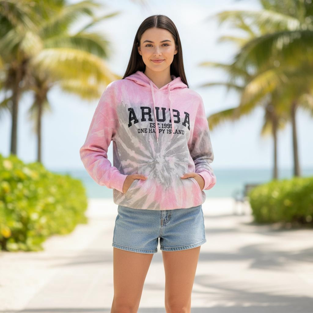 Women's Destinations Pink Gray Tie-Dye Aruba Hoodie L